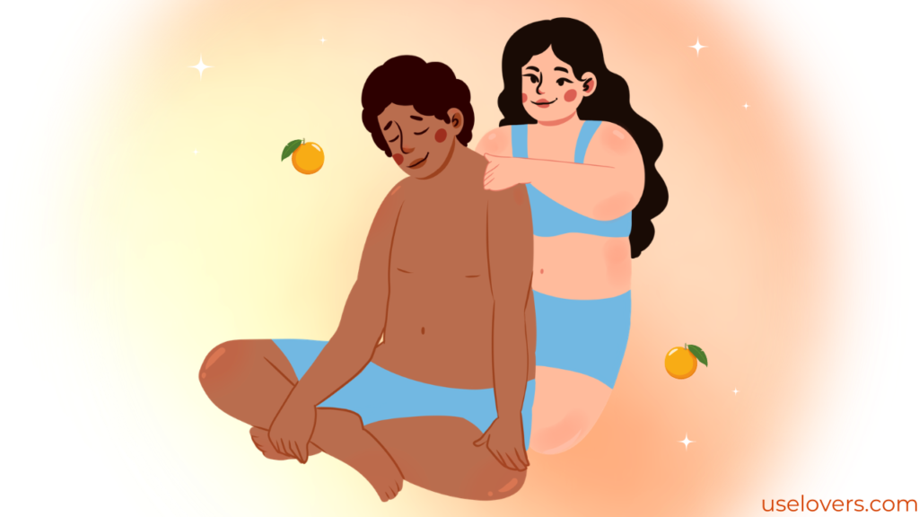 Mulher sentada fazendo massagem no ombro do homem sentado a sua frente