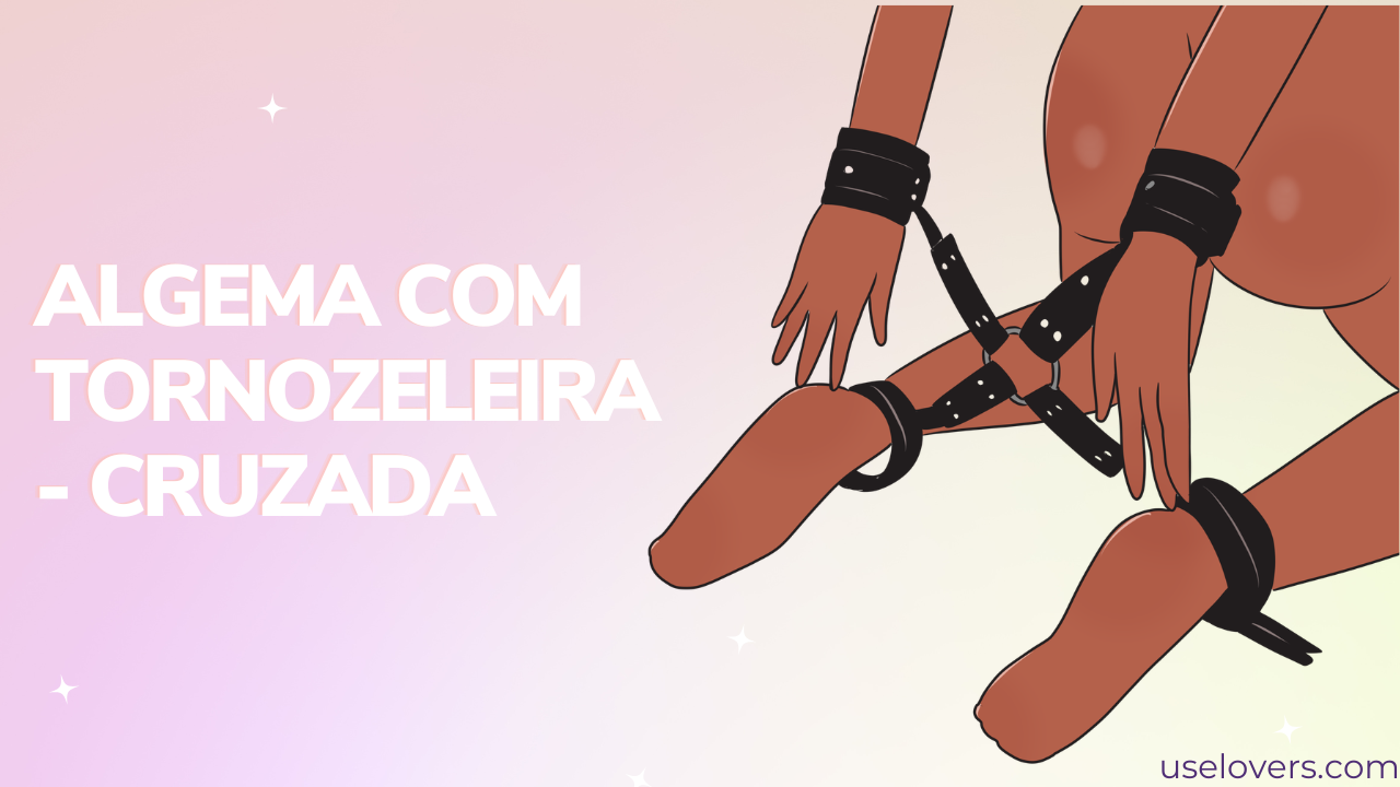 Mulher de costas ajoelhada com braços para trás e algemas nos pulsos presas em algemas de tornozelos