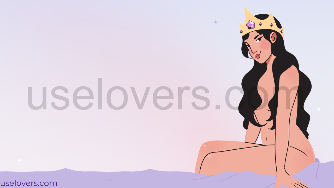 Na imagem temos uma mulher sentada nua em uma cama com lençol roxo com um cora na cabeça