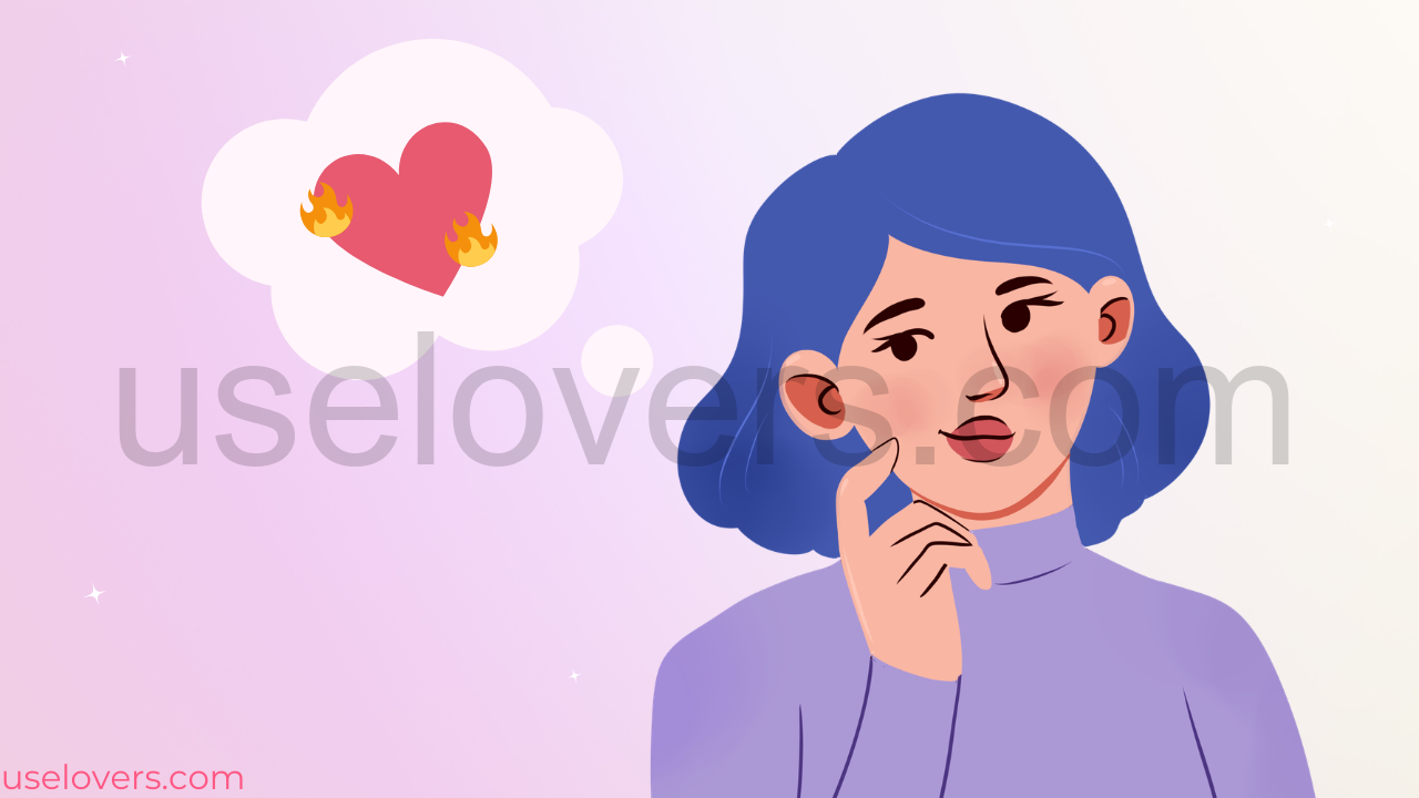 Ilustração de uma mulher com cara de pensativa e um desenho de pensamento que é um coração flamejante
