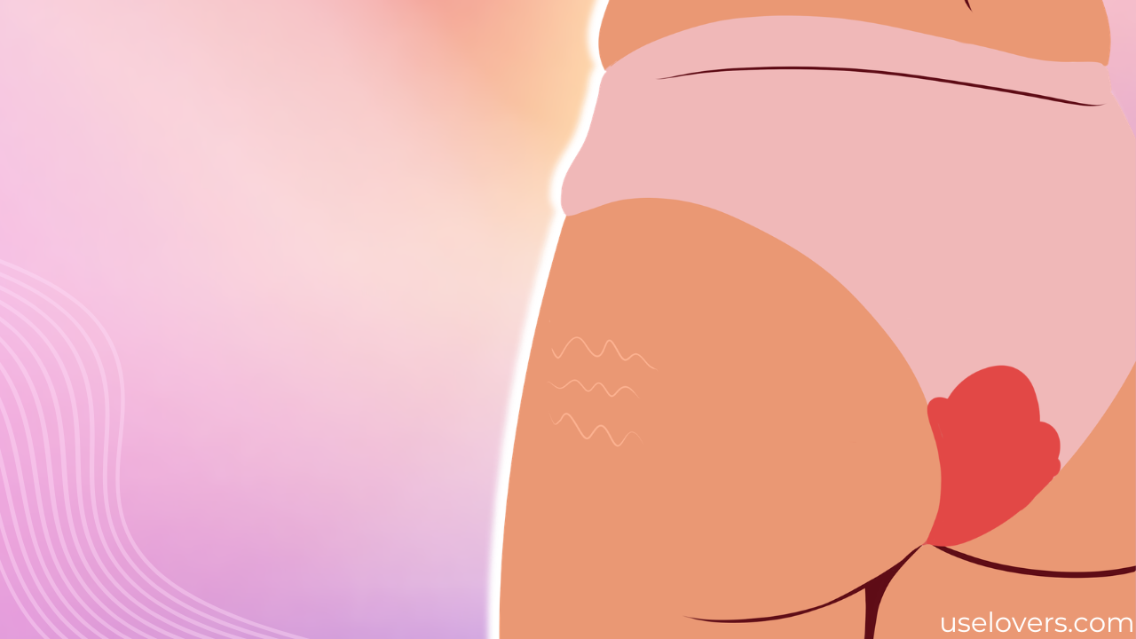 Na imagem temos uma bunda feminina com uma calcinha manchada de algo que parece sangue