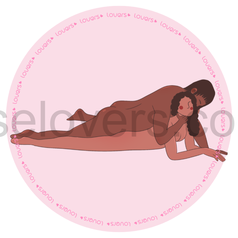 Ilustração da posição sexual Com Pegada, em que a mulher está deitada de bruços apoiada nos cotovelos, enquanto o homem fica por cima, entre as pernas dela, segurando seu pescoço durante a penetração.