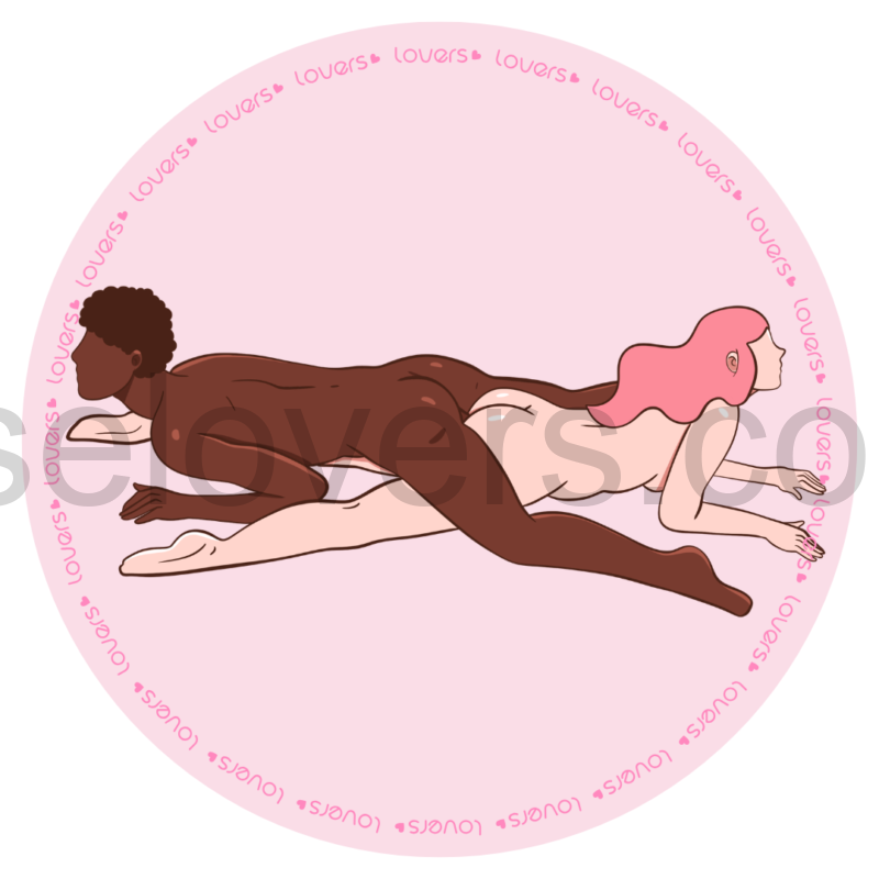 Ilustração da posição sexual Helicóptero com casal em posição invertida, uma pessoa de bruços enquanto a outra fica por cima em sentido contrário durante a penetração.