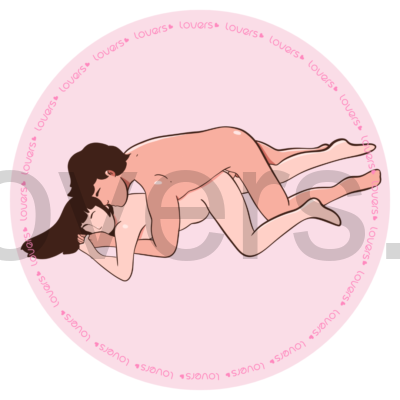 Ilustração da posição sexual Aconchego com mulher deitada e uma das pernas inclinadas, enquanto o homem está deitado por cima entre as pernas dela.