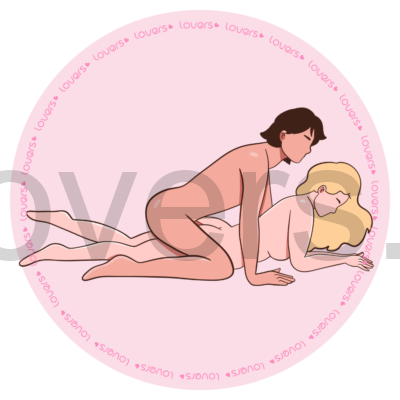 Ilustração da posição sexual Encontro com mulher de bruços apoiada nas mãos e cotovelos, enquanto o homem fica por cima com joelhos e braços apoiados.