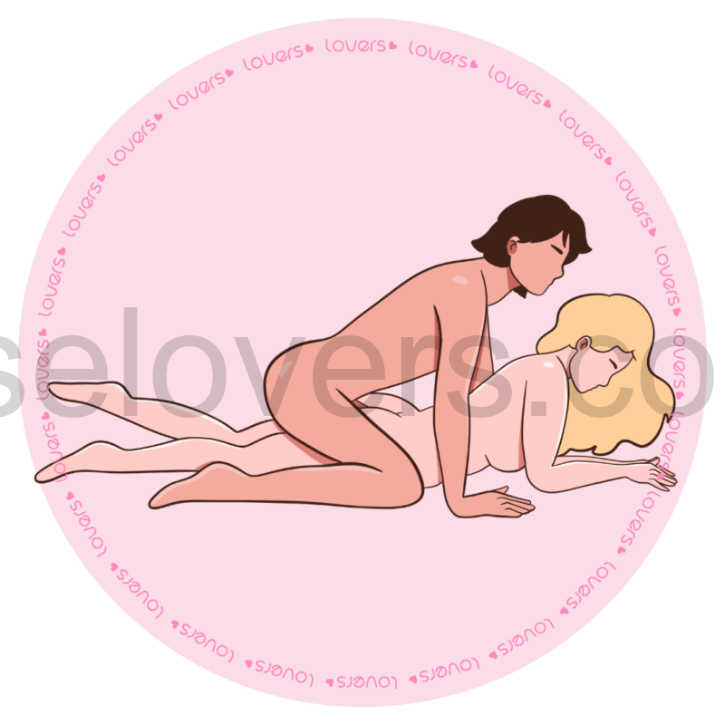 Ilustração da posição sexual Encontro com mulher de bruços apoiada nas mãos e cotovelos, enquanto o homem fica por cima com joelhos e braços apoiados.