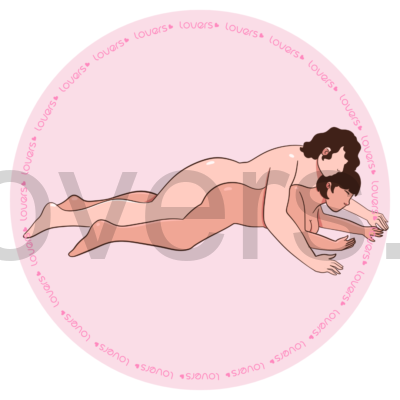 Ilustração da posição sexual de bruços com mulher deitada de barriga para baixo enquanto o homem está deitado por cima dela.