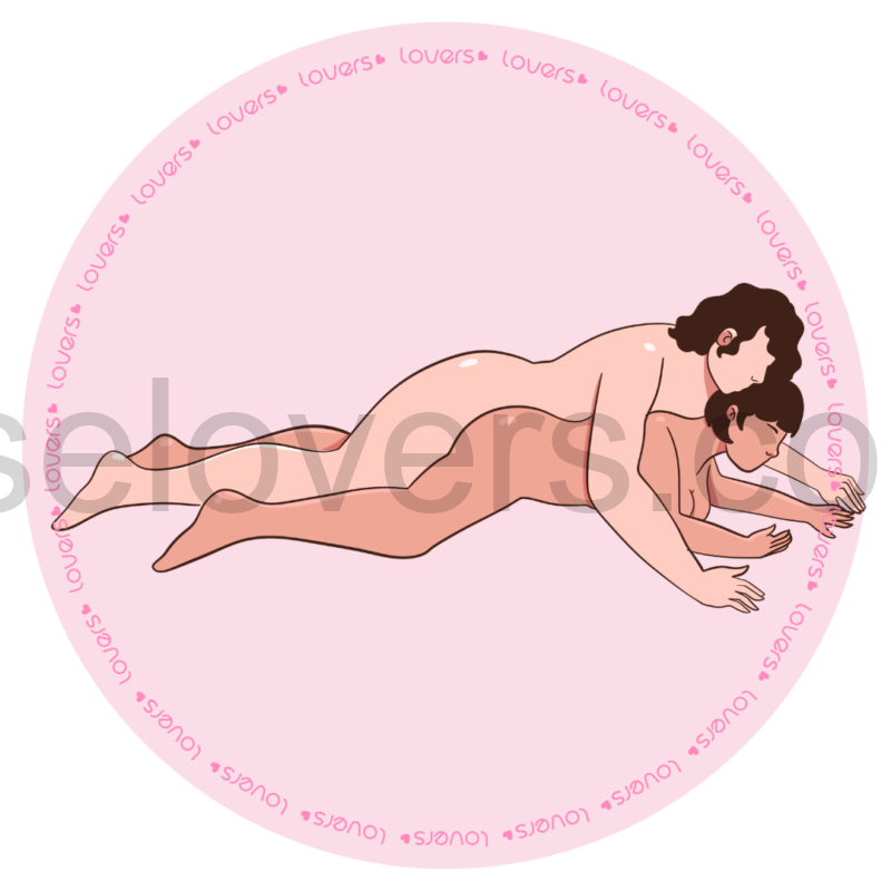 Ilustração da posição sexual de bruços com mulher deitada de barriga para baixo enquanto o homem está deitado por cima dela.