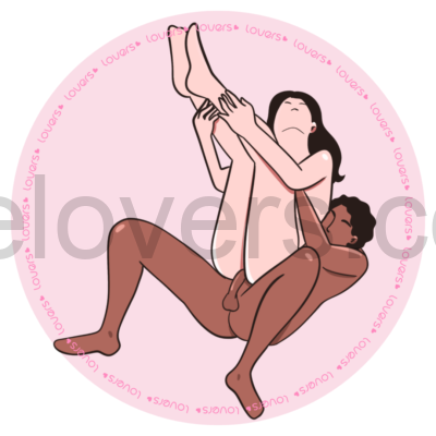 Ilustração da posição sexual Mergulho, o homem está deitado com os joelhos dobrados enquanto a mulher está deitada por cima dele com as pernas esticadas para cima.