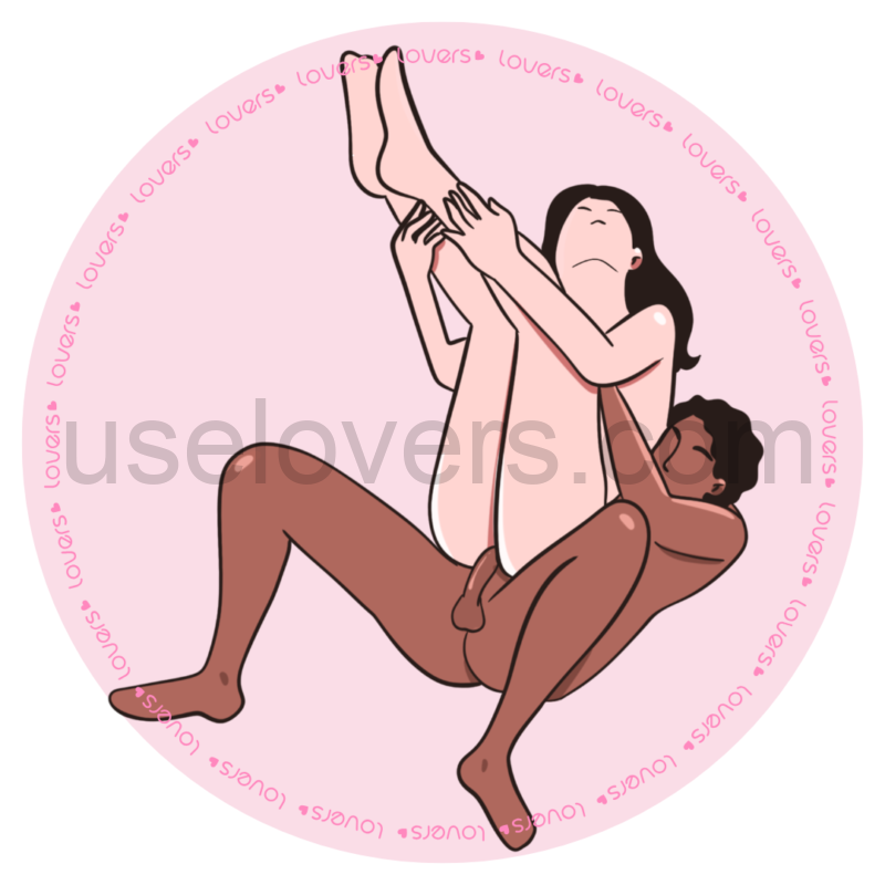 Ilustração da posição sexual Mergulho, o homem está deitado com os joelhos dobrados enquanto a mulher está deitada por cima dele com as pernas esticadas para cima.