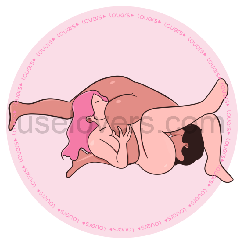 ilustração da posição sexual Yin Yang, uma variação da posição 69 com beijo grego. Ambas as pessoas estão de lado, com os joelhos flexionados e os corpos encaixados em sentidos opostos, fazendo sexo oral simultaneamente.