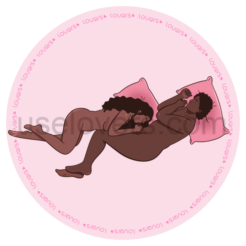 ilustração da posição sexual Serenata, os dois parceiros estão deitados de lado e de frente um para o outro, com a mulher posicionada na altura do pênis fazendo sexo oral.