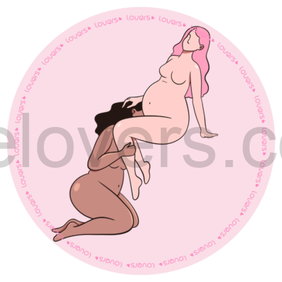Ilustração da posição sexual Gaia, mulher grávida está sentada com as pernas abertas, apoiando uma das mãos para trás enquanto a parceria ajoelhada à frente faz sexo oral nela.