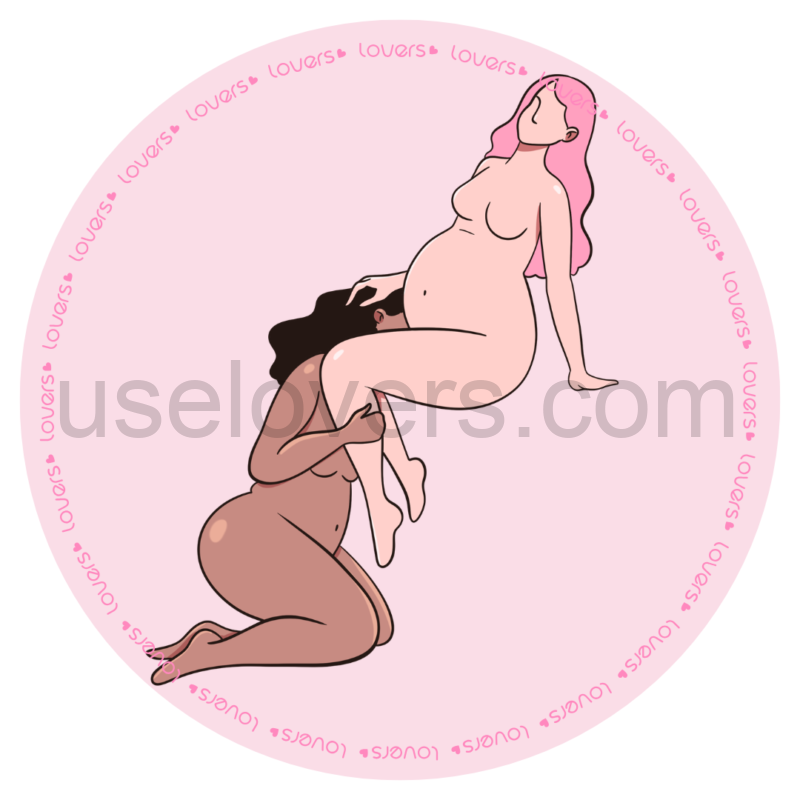 Ilustração da posição sexual Gaia, mulher grávida está sentada com as pernas abertas, apoiando uma das mãos para trás enquanto a parceria ajoelhada à frente faz sexo oral nela.