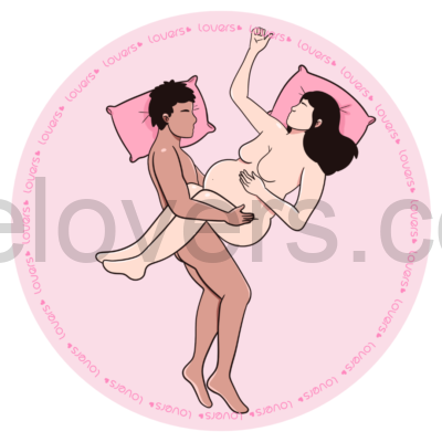 Ilustração da posição sexual Selene, homem está deitado de lado enquanto a mulher grávida fica semi de lado por cima dele, com as pernas passando sobre o corpo da parceria durante a penetração.