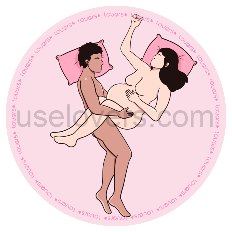 Ilustração da posição sexual Selene, homem está deitado de lado enquanto a mulher grávida fica semi de lado por cima dele, com as pernas passando sobre o corpo da parceria durante a penetração.