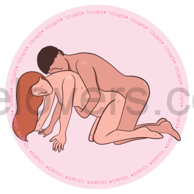 Ilustração da posição sexual Plugados com a mulher de quatro enquanto o parceiro ajoelhado atrás estimula o clitóris durante a penetração