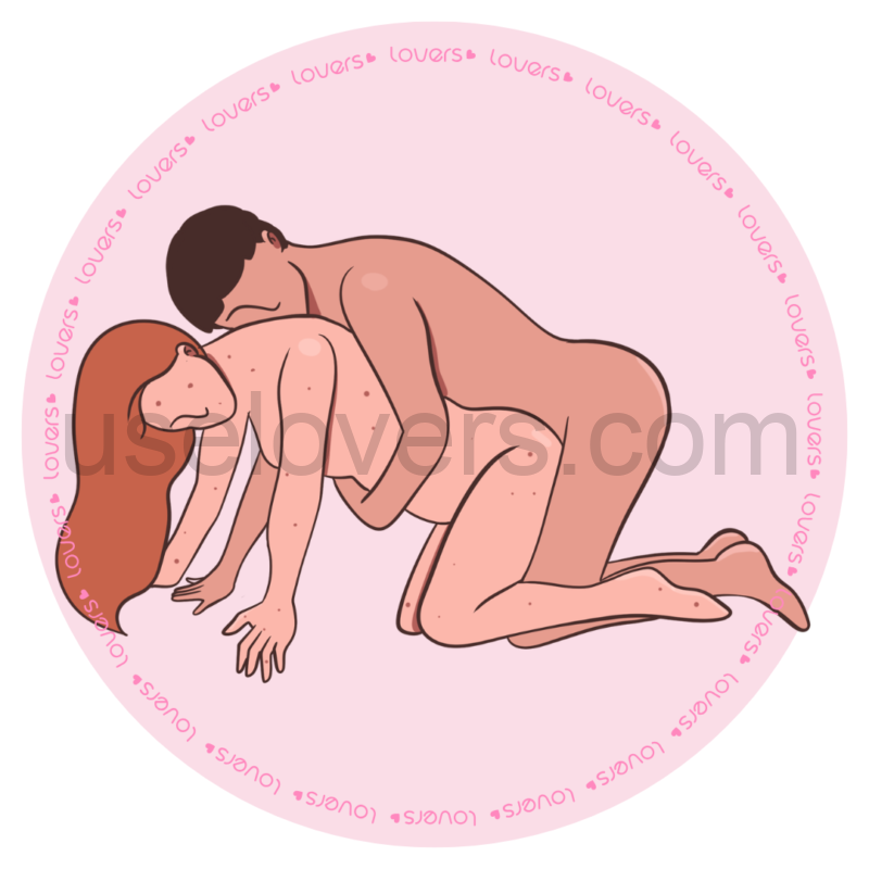 Ilustração da posição sexual Plugados com a mulher de quatro enquanto o parceiro ajoelhado atrás estimula o clitóris durante a penetração