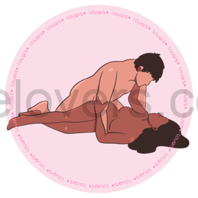Ilustração da posição sexual Lua de Mel, com a mulher deitada semi de lado olhando para cima, enquanto o homem ajoelhado atrás dela realiza a penetração se apoiando nos braços e olhando para ela.