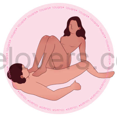 Ilustração da posição sexual Trono de Vênus. Homem deitado de pernas abertas enquanto a mulher fica por cima encaixada entre as pernas dele, com os pés apoiados no peito e os braços para trás sustentando o corpo