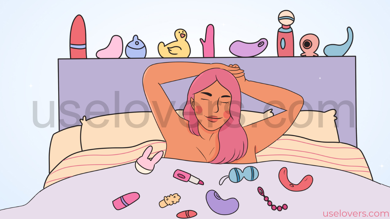 Mulher deitada em uma cama cheia de vibradores
