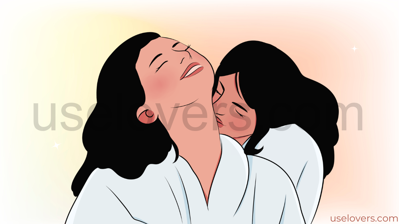 Na imagem tem duas mulheres de roupão uma na frente e a outra abraçando-a por trás beijando o pescoço