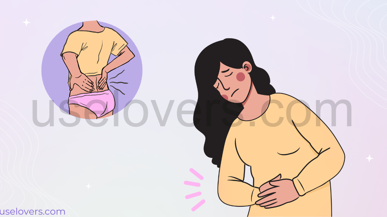 Uma mulher com as mãos na barriga e um semblante de tristeza
