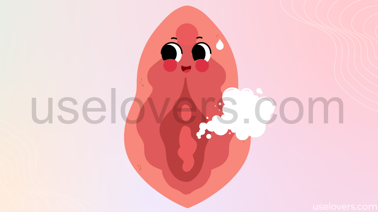 Imagem de uma vulva com um personagem com olhinhos e boquinha soltando um ar pela vagina