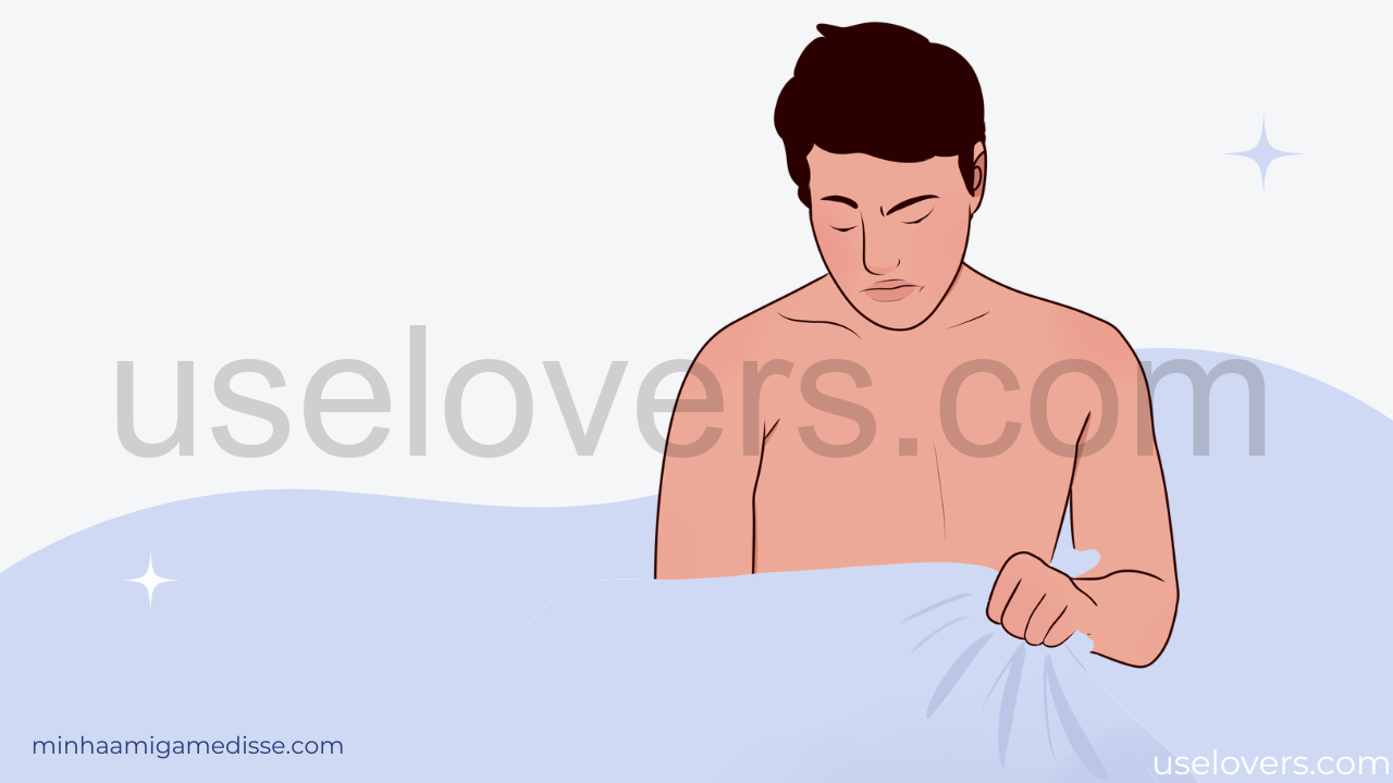Ilustração de um homem com cintura coberta por um lençol olhando por baixo dele com cara de insastifação