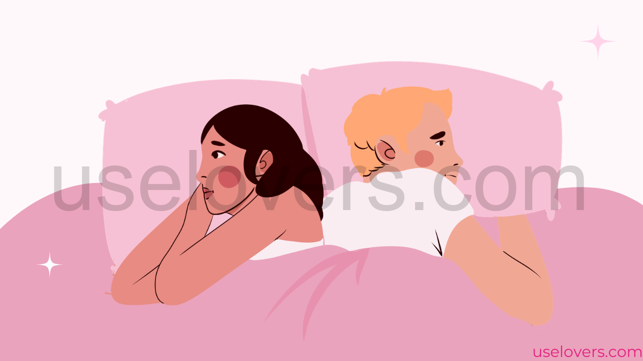 Ilustração de um homem e uma mulher deitados na cama de costas um pro outro, ambos com cara de preocupação