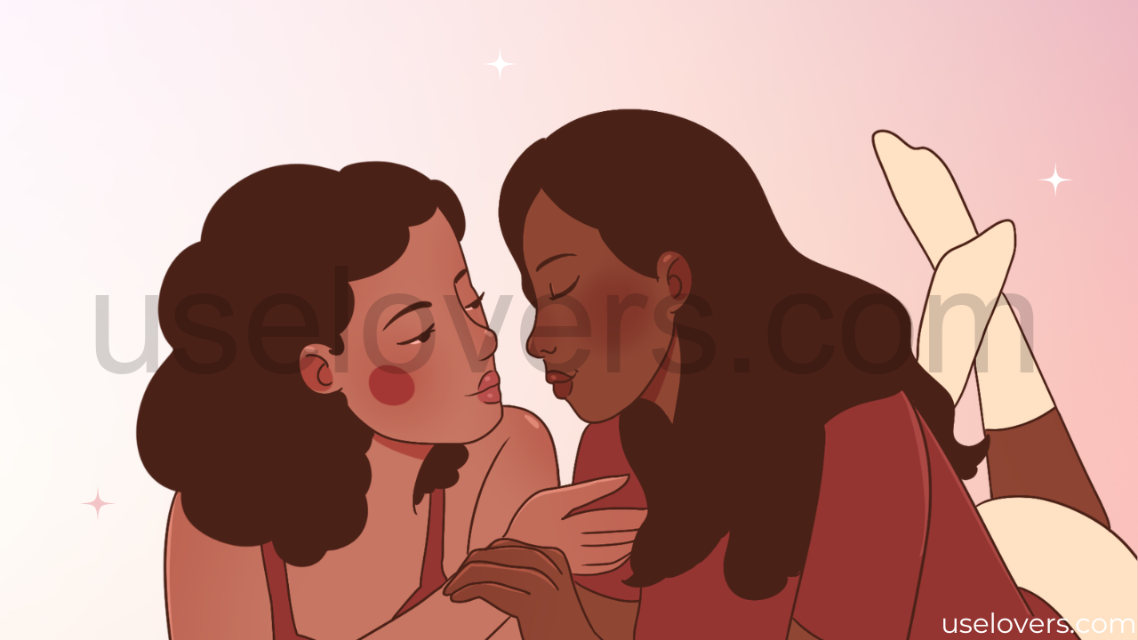 Ilustração de duas mulheres deitadas uma do lado da outra se olhando com carinho