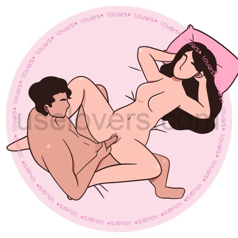 Ilustração da posição sexual Abraço de Kigali, com a mulher deitada de pernas abertas e o homem sentado à frente, deslizando o pênis sobre a vulva.