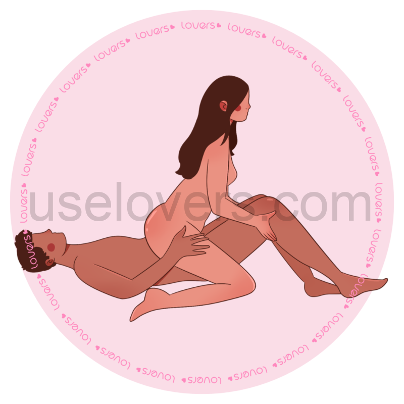 Ilustração da posição sexual Noite em Paris, com homem deitado de barriga para cima e joelhos dobrados enquanto a mulher senta de costas sobre ele apoiando os braços nos joelhos do parceiro.