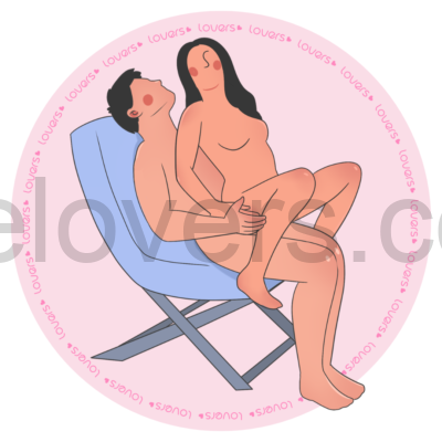 Ilustração da posição sexual Dança Proibida com homem sentado em uma poltrona e mulher sentada de costas sobre ele, com os pés apoiados na poltrona.