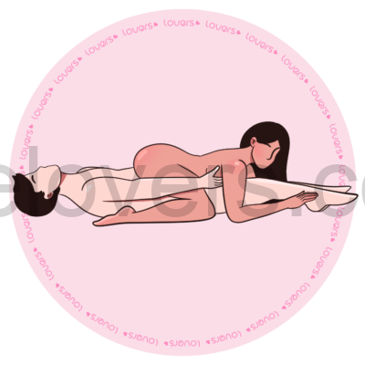 Ilustração da posição sexual Favorita com homem deitado de barriga para cima enquanto a mulher está por cima apoiada nos pés, joelhos e cotovelos.