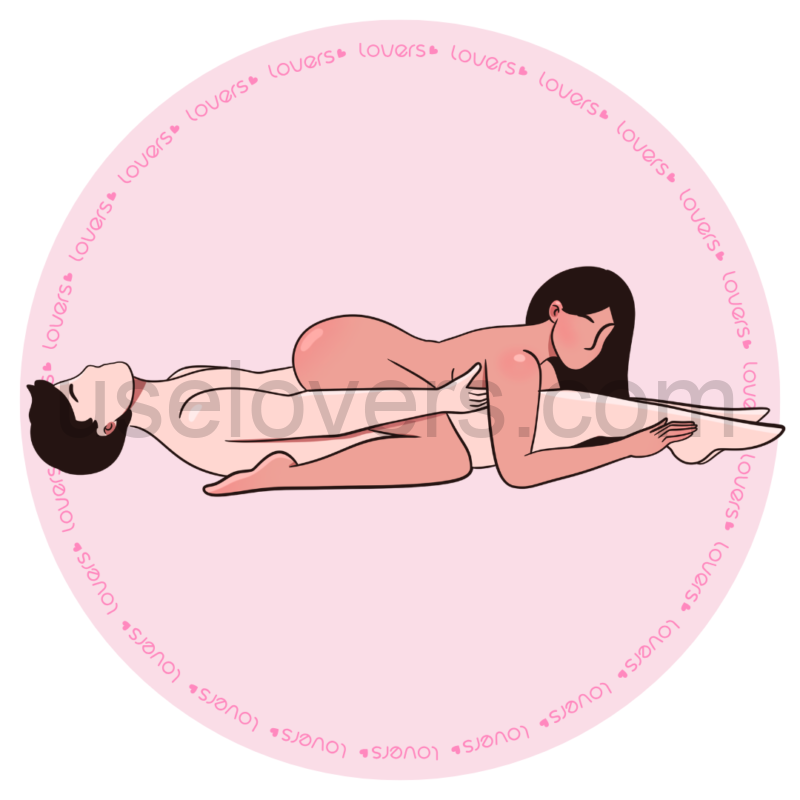 Ilustração da posição sexual Favorita com homem deitado de barriga para cima enquanto a mulher está por cima apoiada nos pés, joelhos e cotovelos.